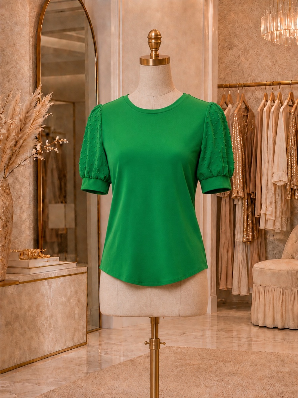 👒 CECE Emerald Green Puff Sleeve Swiss Dot “Mixed Media” Top NWOTs - Picture 2 of 10